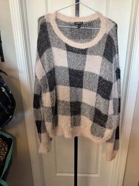 Express Plaid Fuzzy Crewneck Sweater in Pink and Black